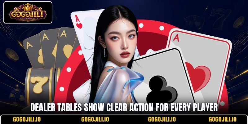 Dealer tables show clear action for every player